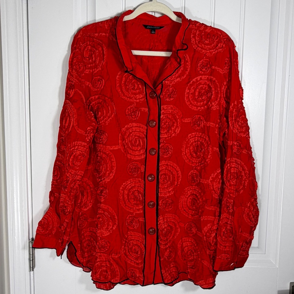 John Mark Red Rosette Ribbon 3D Textured Button Front Shirt Large